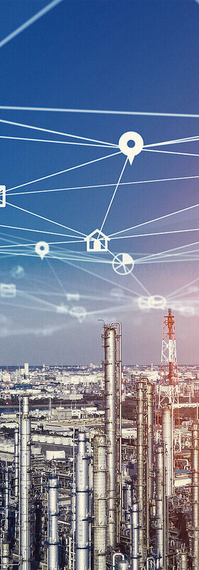 NIS2 Requirements A big industrial skyline representing essential entities affected by the NIS2 Directive, in the background a blue sky, a sunset and white lines and icons in the sky.