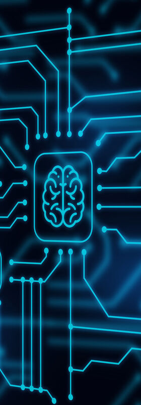 An abstract background of glowing conductor tracks and a stylized brain symbolizing big data analytics, a T Business solution.