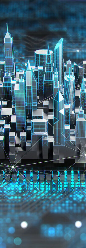 Futuristic and smart city on a motherboard