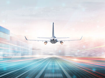 Logistics IT Solutions An aircraft flying at a port over a virtual data network consisting of logistics IT solutions