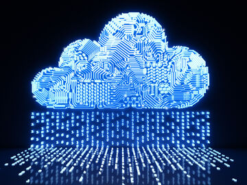 A cloud with conductor paths symbolizes the migration of workloads in the cloud with Microsoft Azure, a service from T Business.