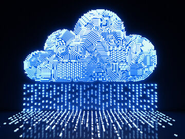A cloud with conductor paths symbolizes the migration of workloads in the cloud with Microsoft Azure, a service from T Business.