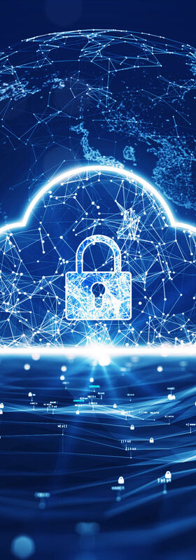 SD-X A glowing padlock in a cloud and many network connections symbolize secure site networking with the SD-X solution by T Business.