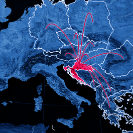 A map of Europe in blue with Croatia colored magenta as Center of Excellence and magenta lines going from Croatia to the other NatCos of T Business Europe showing the expansion of vCISO.