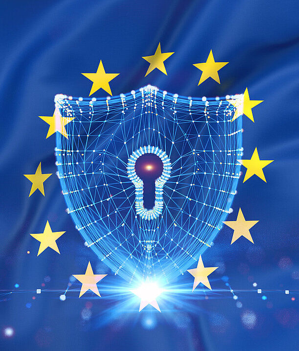 NIS2 Requirements A large blue lock on a blue background and surrounded by golden stars, symbolizing the increased security provided by the NIS2 Directive.