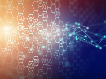 Technology symbols on hexagon network, that can be used for banking and financial solutions