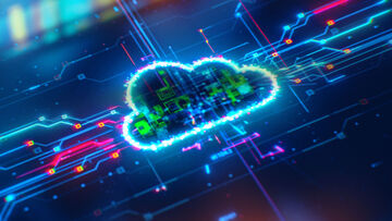 Data security A glowing cloud on an abstract computer board visualizes data security solutions from T Business, such as a cloud access security broker.