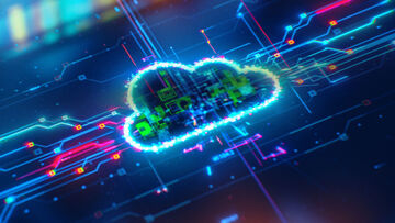 Data security A glowing cloud on an abstract computer board visualizes data security solutions from T Business, such as a cloud access security broker.