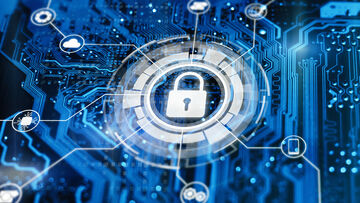 A stylized padlock connected to communication icons on a motherboard visualizes Unified Threat Management, a data security solution from T Business.