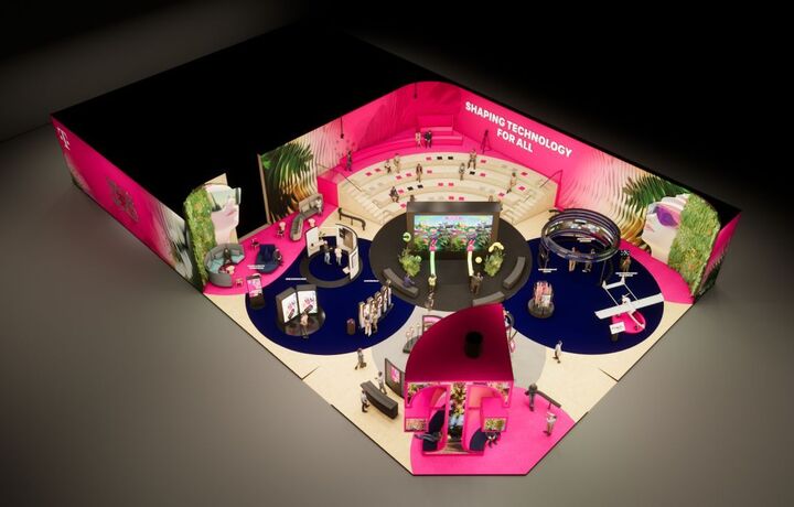 A top view of the booth of T Business at the MWC 2025 in Barcelona.