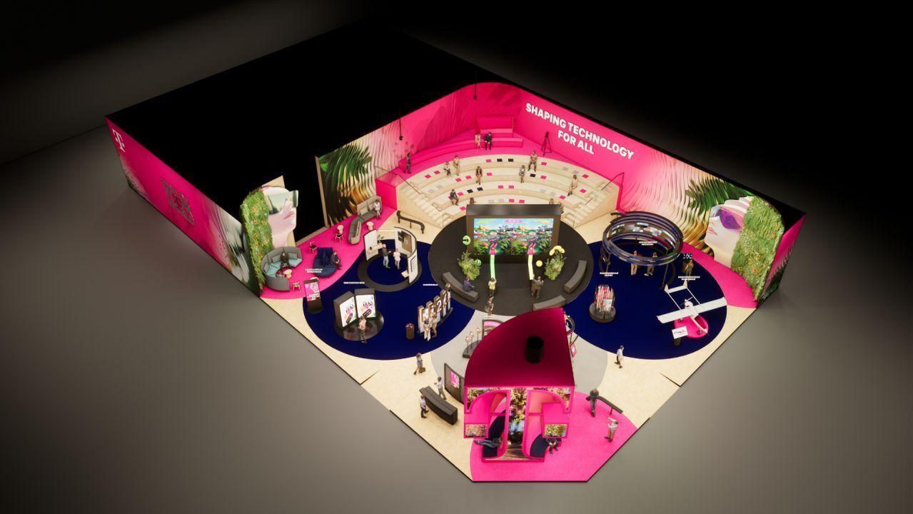 A top view of the booth of T Business at the MWC 2025 in Barcelona.