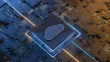Data security A 3D representation of a computer chip with a cloud on top symbolizes data security solutions from T Business such as Cloud web gateways.