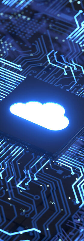 Cloud migration All conductor paths converge in a chip with a glowing cloud on it symbolizing cloud migration, a T Business solution.