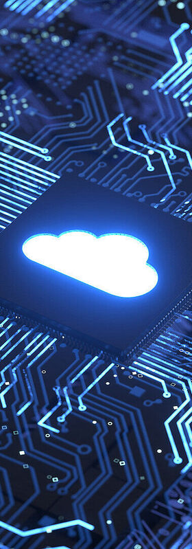 Cloud migration All conductor paths converge in a chip with a glowing cloud on it symbolizing cloud migration, a T Business solution.