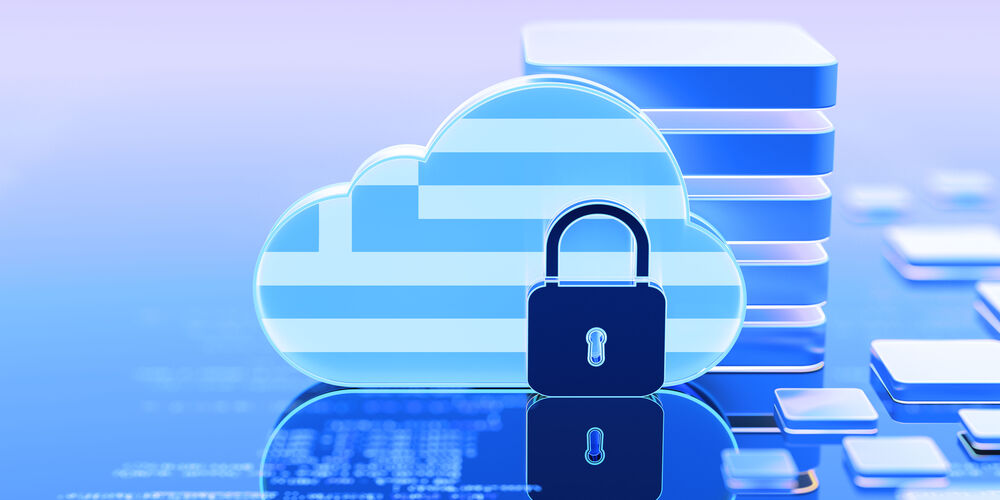 A cloud with the Greek flag in it and a lock in front of it representing the SOC solution for cloud services by T Business Europe.