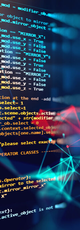 Secure Connectivity A blurry background with source code and stylized communication networks symbolizes secure connectivity solutions by T Business.