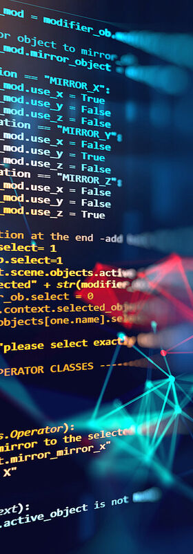 Secure Connectivity A blurry background with source code and stylized communication networks symbolizes secure connectivity solutions by T Business.