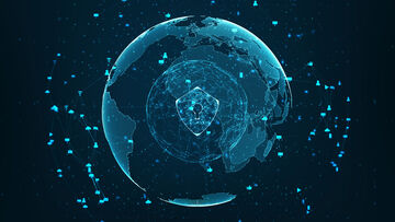 Data security A stylized globe with a padlock on it, surrounded by clouds and networked IT symbols, visualizes data security solutions from T Business such as Advanced Threat Protection.