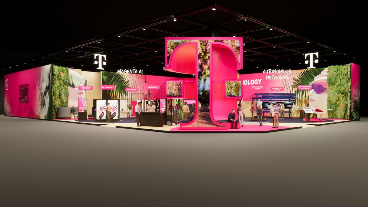 The booth of T Business at the MWC 2025 in Barcelona The frontal view of the booth of T Business at the MWC 2025 in Barcelona.