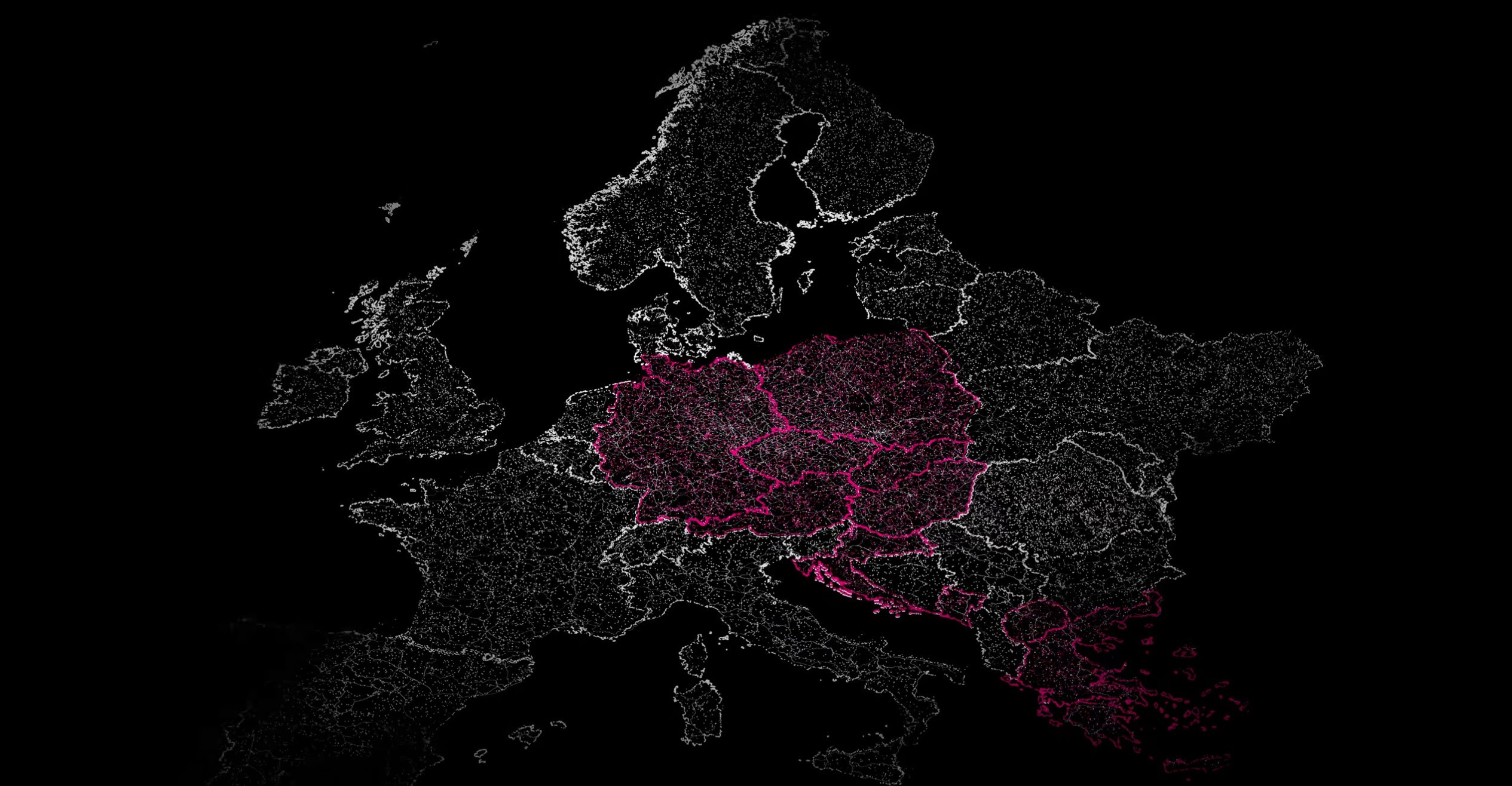 Europe shown on a black background and in white outlines with some countries in magenta color showing where Telekom Business Europe operates.