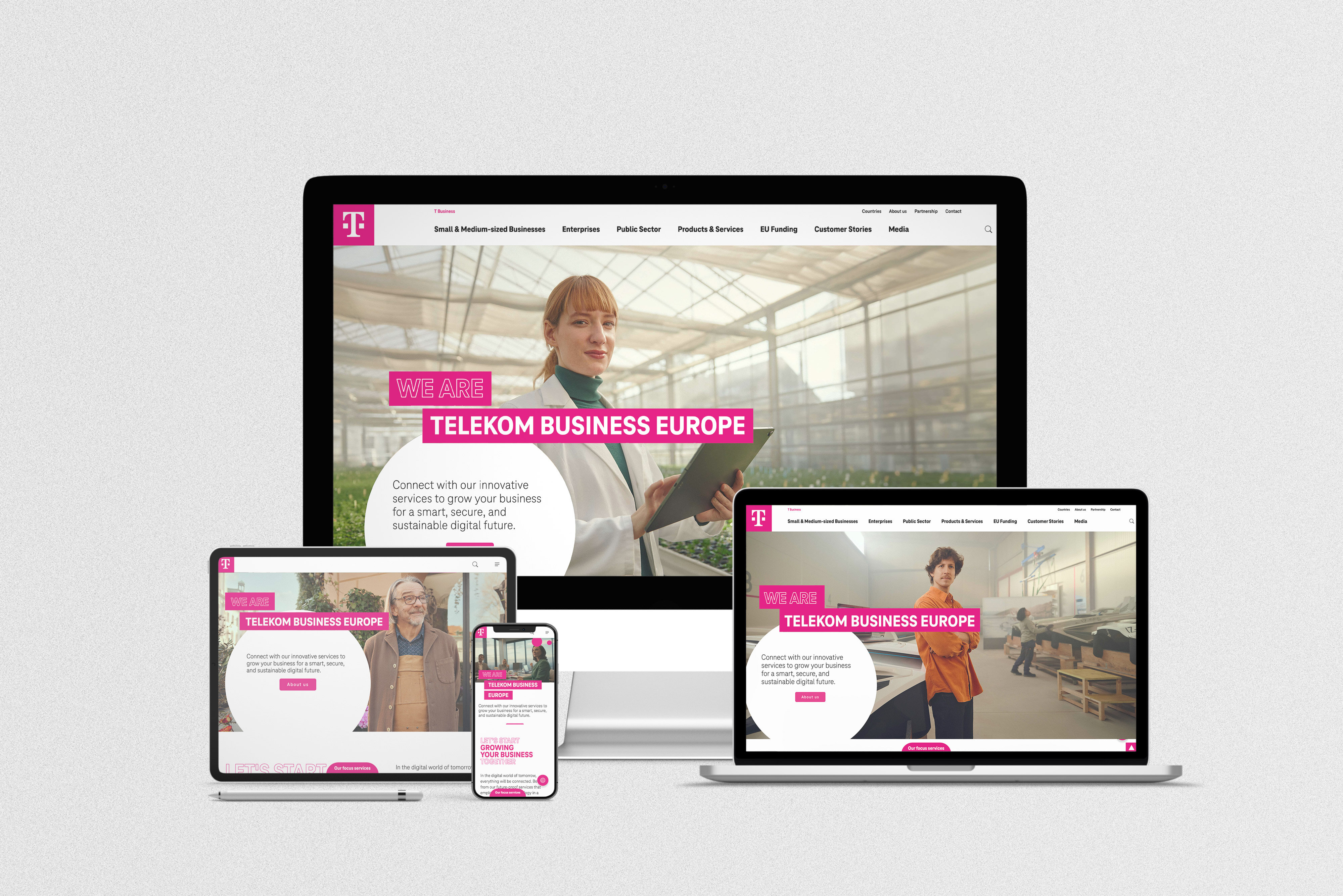 ICT Solutions Europe Display of the Telekom Business Europe website with its ICT solutions content on different end devices