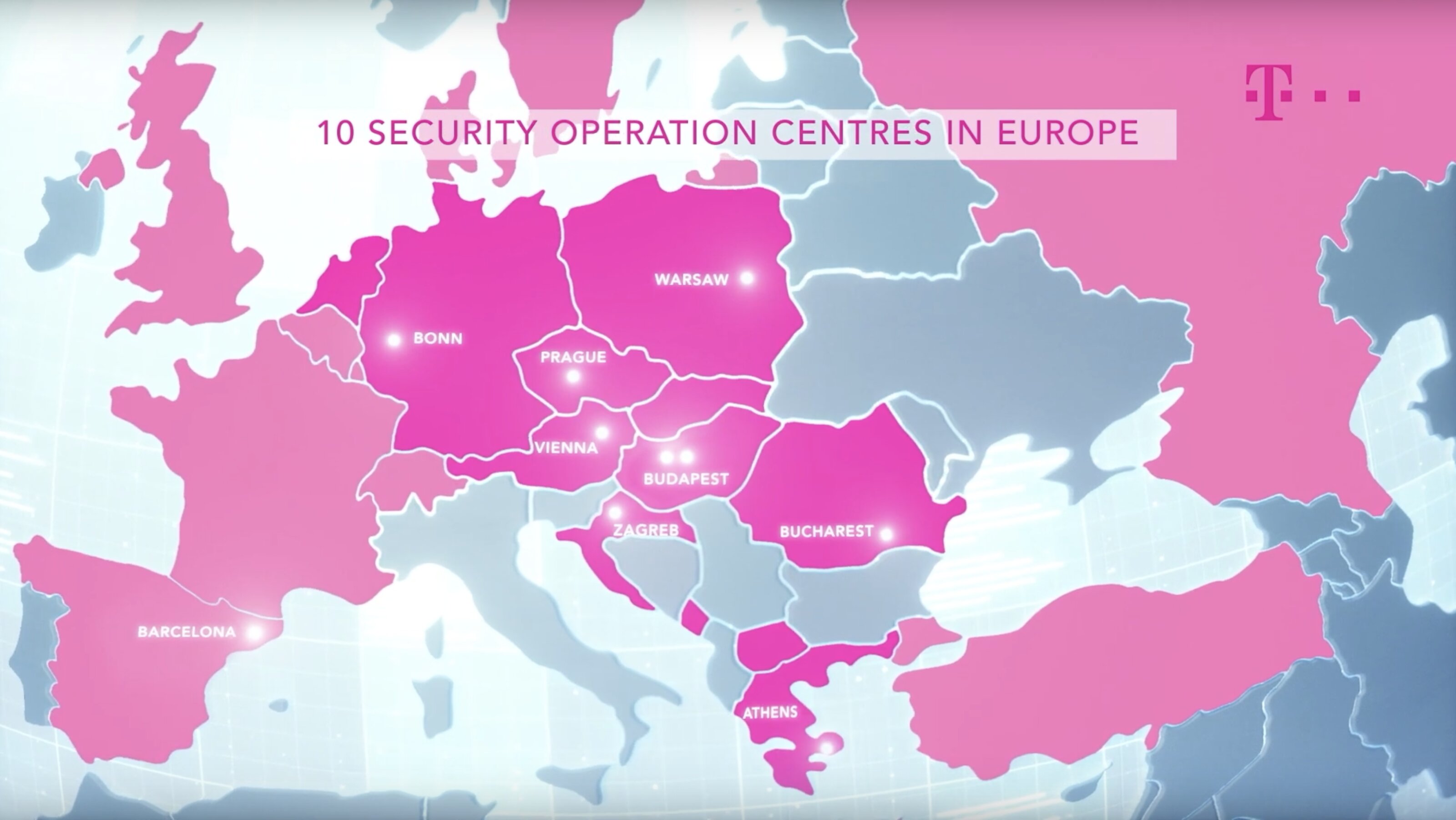 A map of Europe with magenta colored countries representing the location of Telekom's SOCs.